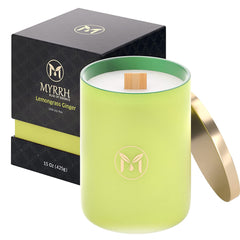 Myrrh Bliss of Essence candle front view enhancing cozy ambience