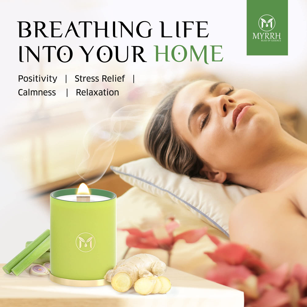 Myrrh Bliss living room setup with candle providing inviting relaxation