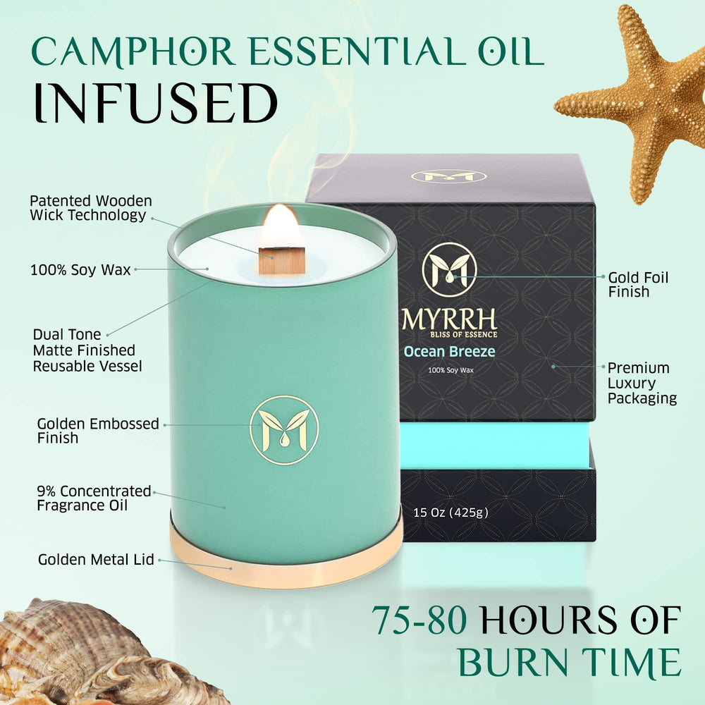 Myrrh Bliss Ocean Breeze candle uses camphor essential oil for calm and clarity.