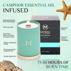 Myrrh Bliss Ocean Breeze candle uses camphor essential oil for calm and clarity.