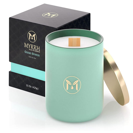 Myrrh Bliss Ocean Breeze candle crackling wooden wick for cozy ambiance.