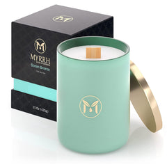 Myrrh Bliss Ocean Breeze candle crackling wooden wick for cozy ambiance.