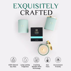 Myrrh Bliss Ocean Breeze candle with gold foil detail elevates decor.