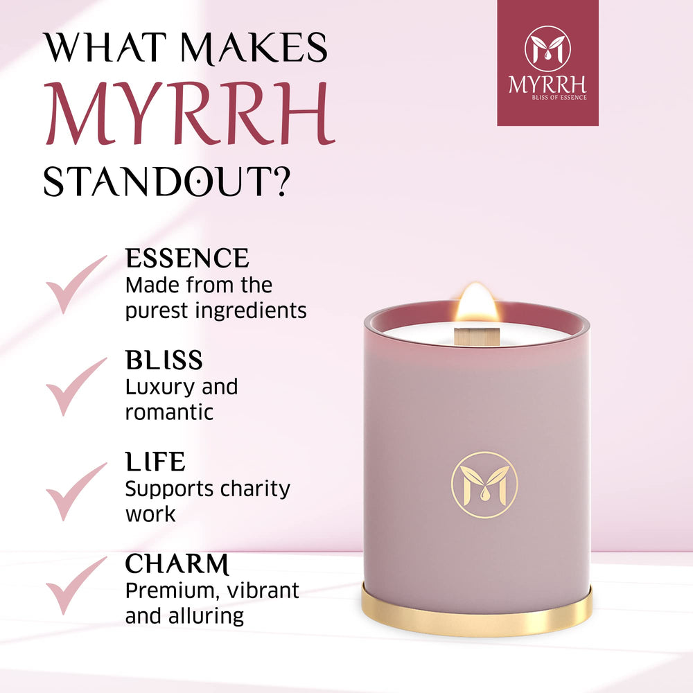 MyrrhBliss candle burning in serene bathroom, up to eighty hours