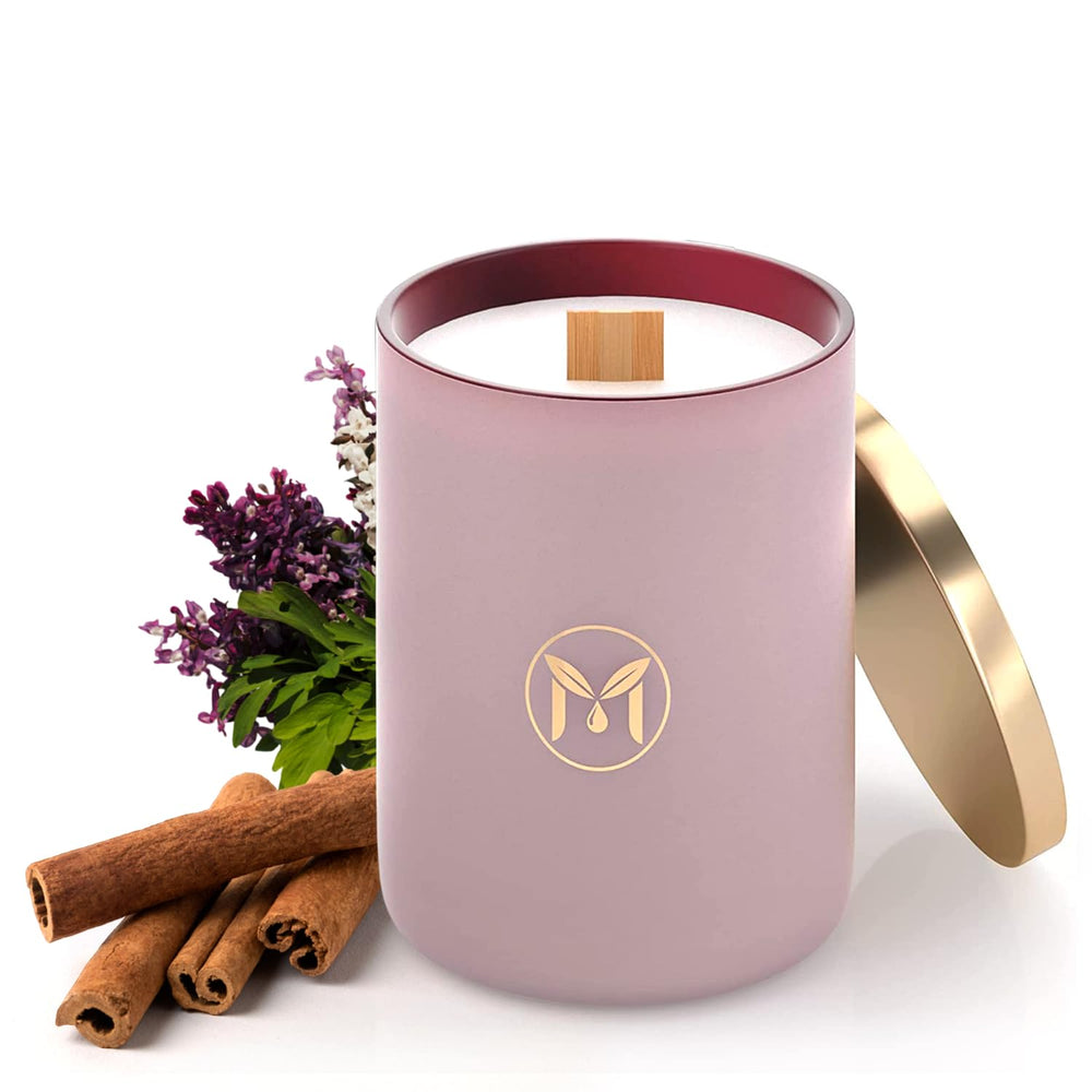 MyrrhBliss sandalwood-patchouli candle jar front, showcasing luxurious fragrance for calm spaces