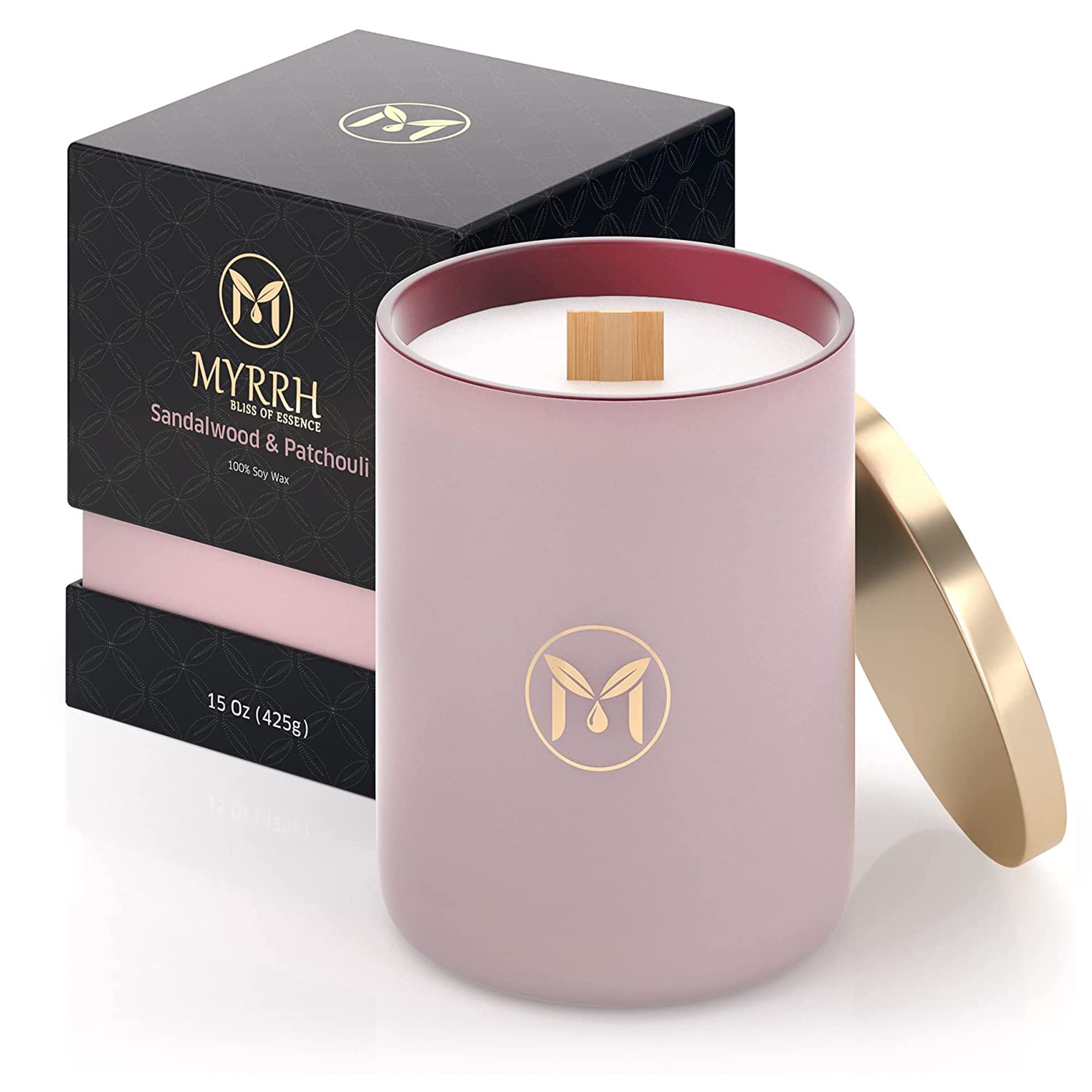 MyrrhBliss candle jar label closeup, premium soy wax and elegant design