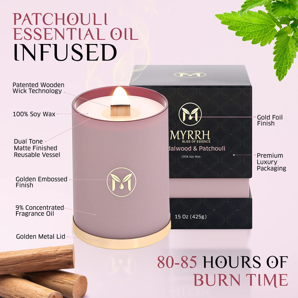 Side view of MyrrhBliss candle on coffee table, room-filling aroma
