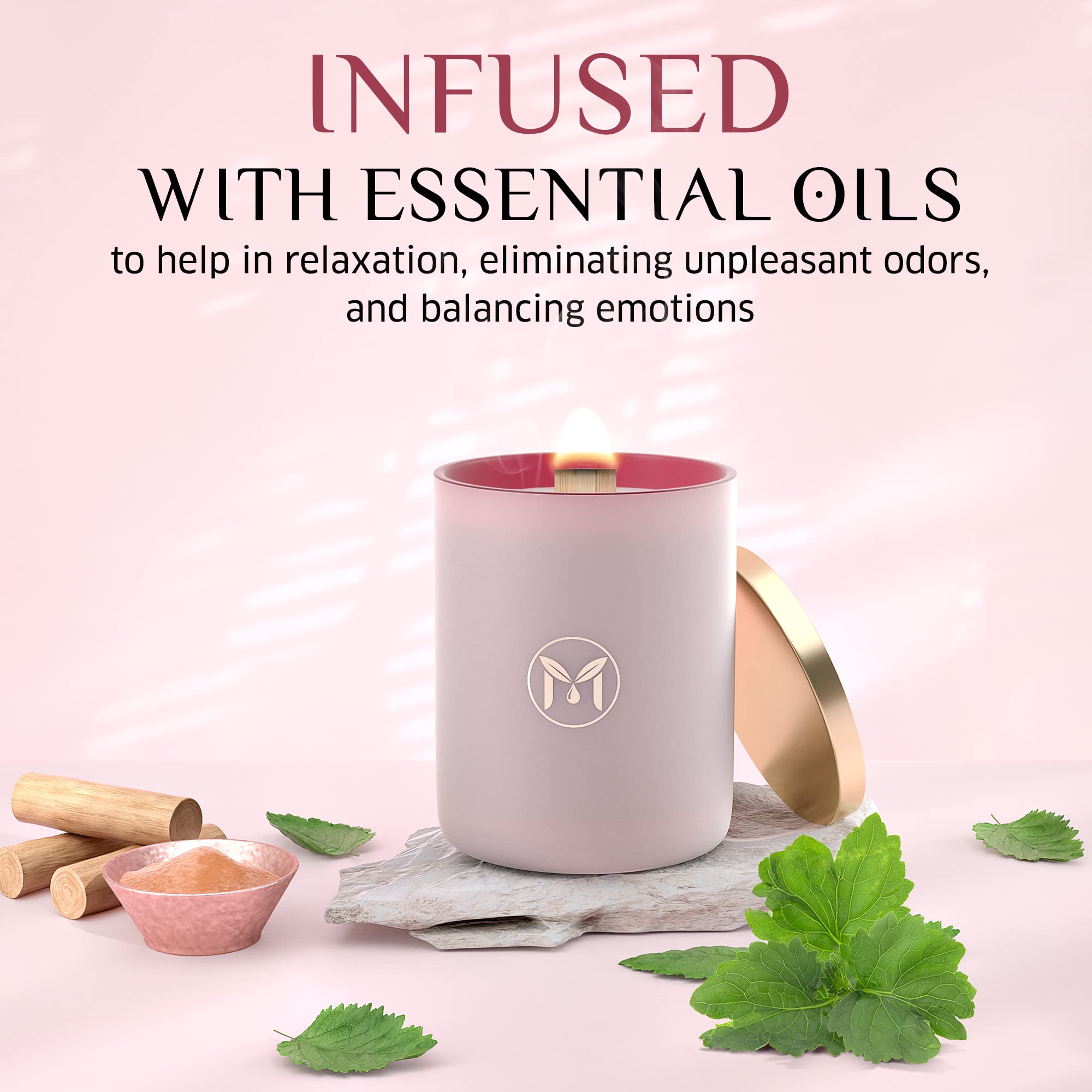 Crackling wooden wick closeup from MyrrhBliss candle, creating cozy fireside ambience