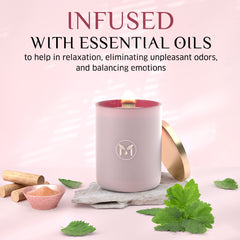 Crackling wooden wick closeup from MyrrhBliss candle, creating cozy fireside ambience