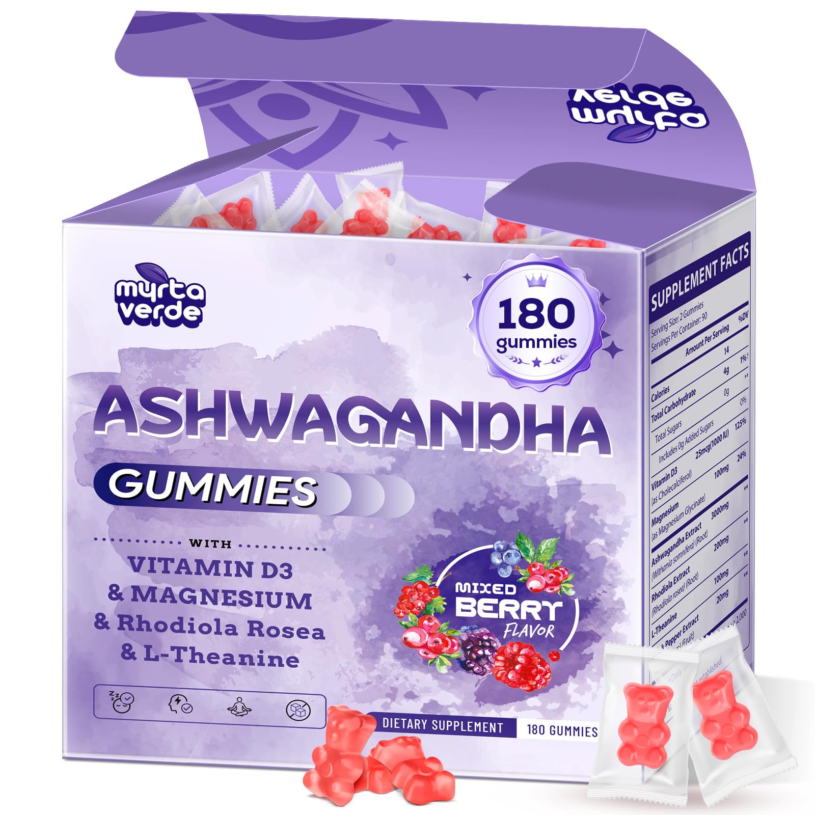 Myrtaverde Ashwagandha Gummies bottle front for daily stress support