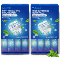 MySmile mouthwash strip packaging shown for daily freshness and portability.
