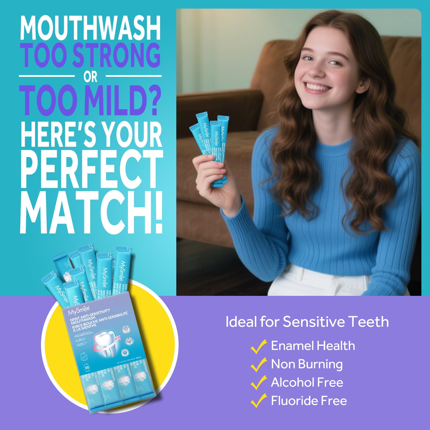 MySmile nano-hydroxyapatite mouthwash formula shown for enamel support.