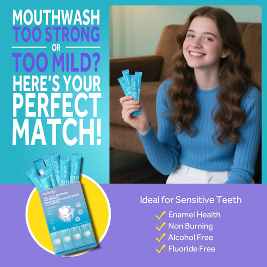 MySmile nano-hydroxyapatite mouthwash formula shown for enamel support.