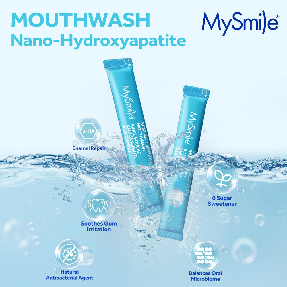 MySmile sensitive teeth mint mouthwash illustrates gentle cleaning.