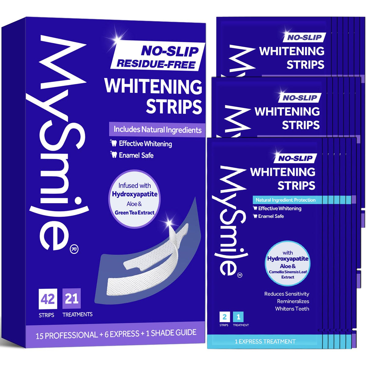 MySmile teeth whitening strips pack front, illustrating a convenient at-home whitening kit.