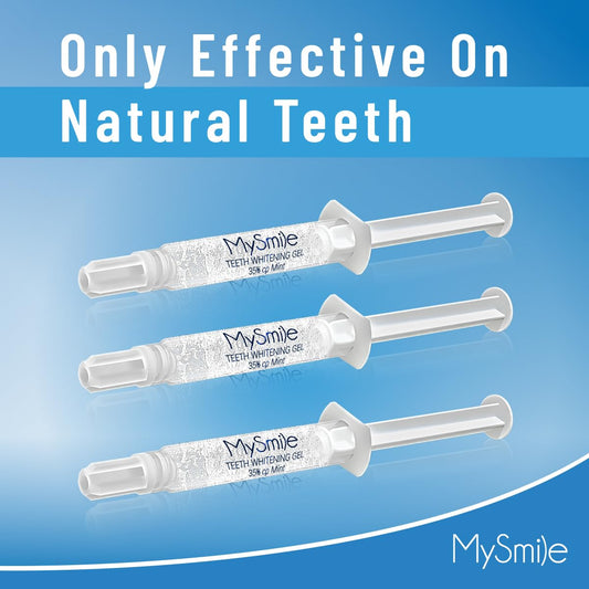 MySmile whitening gel tubes close-up showing 3-pack formula.