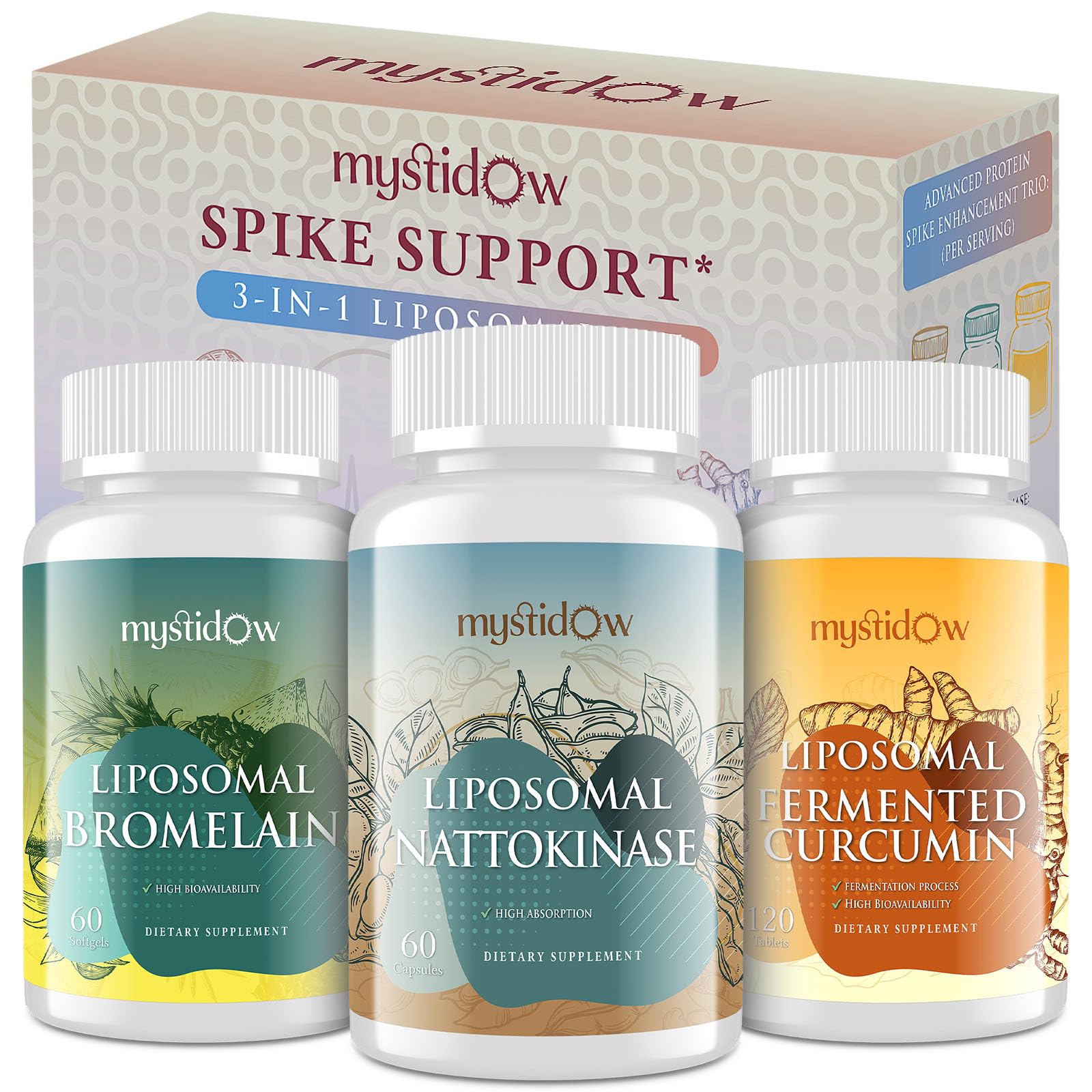 Mystidow Spike Support Trio bottle highlighting liposomal absorption for immune and heart support