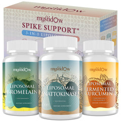 Mystidow Spike Support Trio bottle highlighting liposomal absorption for immune and heart support