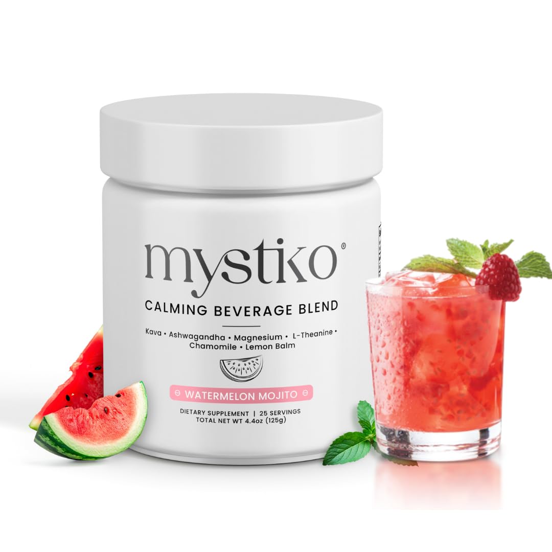 Mystiko calming drink bottle showing sugar-free kava blend for a relaxed evening
