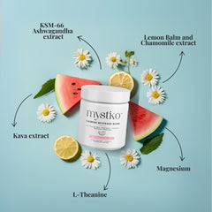 Mystiko evening routine glass conveying a mindful, non-alcoholic unwind option