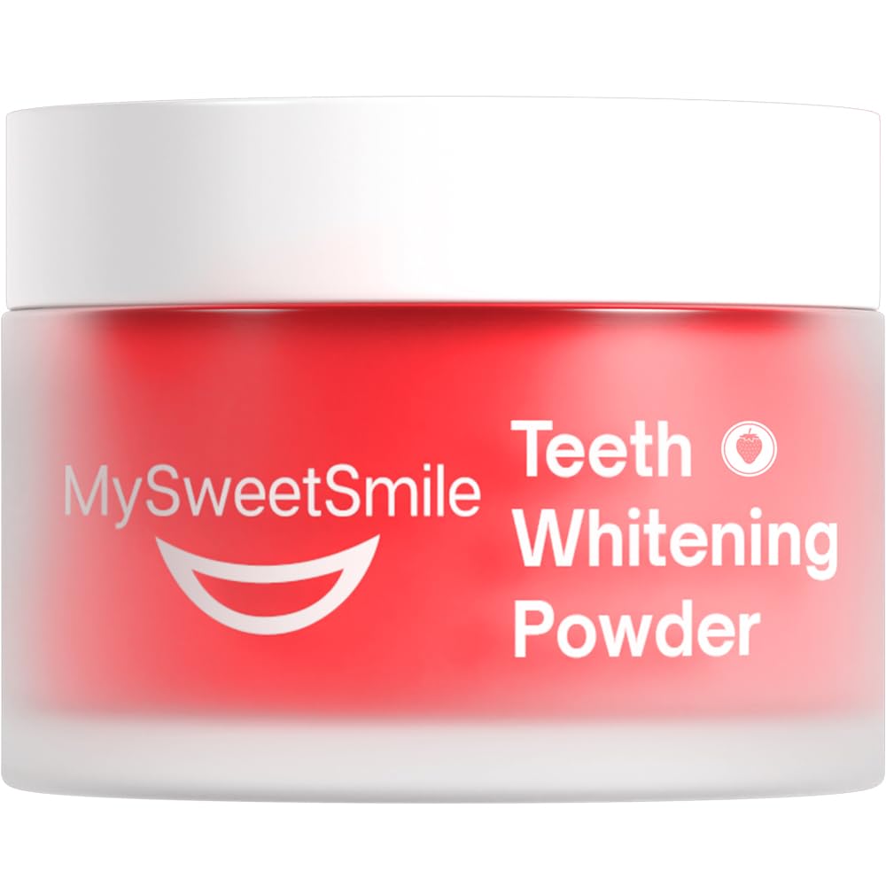 MySweetSmile Teeth Whitening Powder bottle front view, strawberry formula, ideal for at-home whitening.