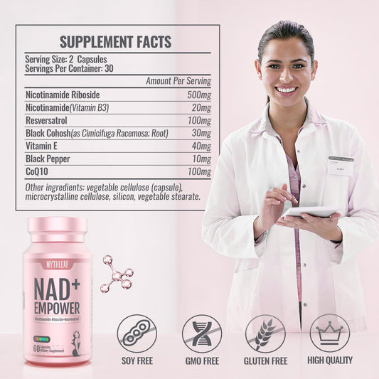 MythLeaf NAD+ women capsules closeup highlighting daily wellness and balance