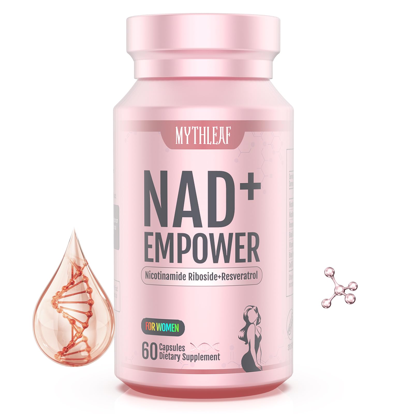 MythLeaf NAD+ for Women bottle pour showing energy support for busy days