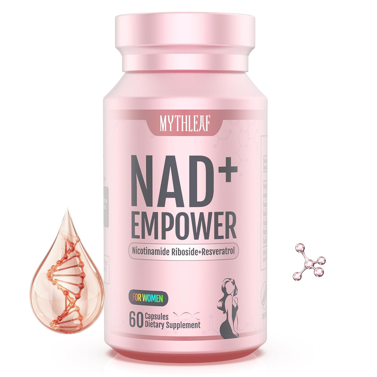 MythLeaf NAD+ for Women bottle pour showing energy support for busy days