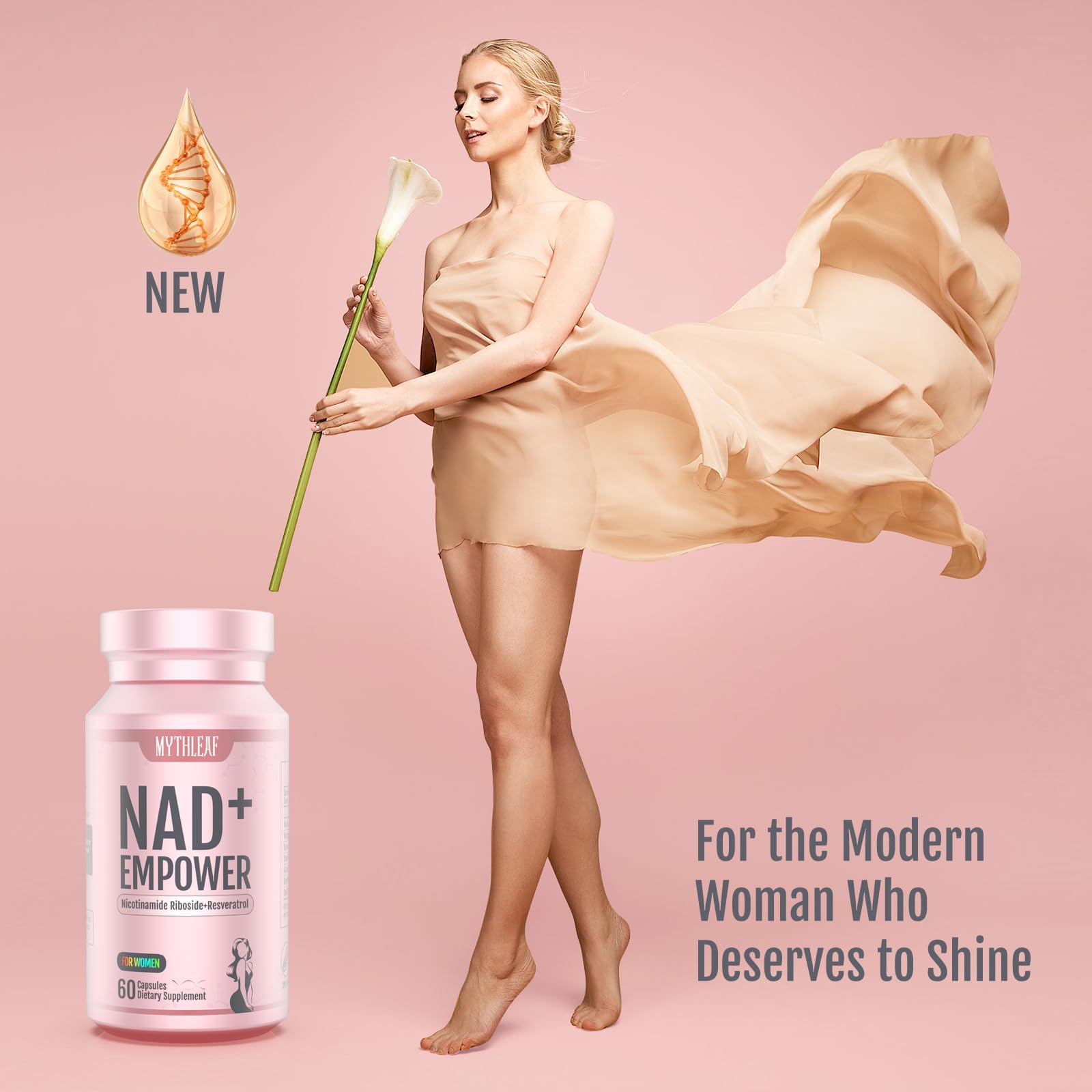 MythLeaf rose-gold bottle packaging conveys premium self-care and luxury wellness experience