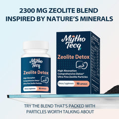 MythoTecq Zeolite Detox bottle close-up highlights capsule texture and purity.
