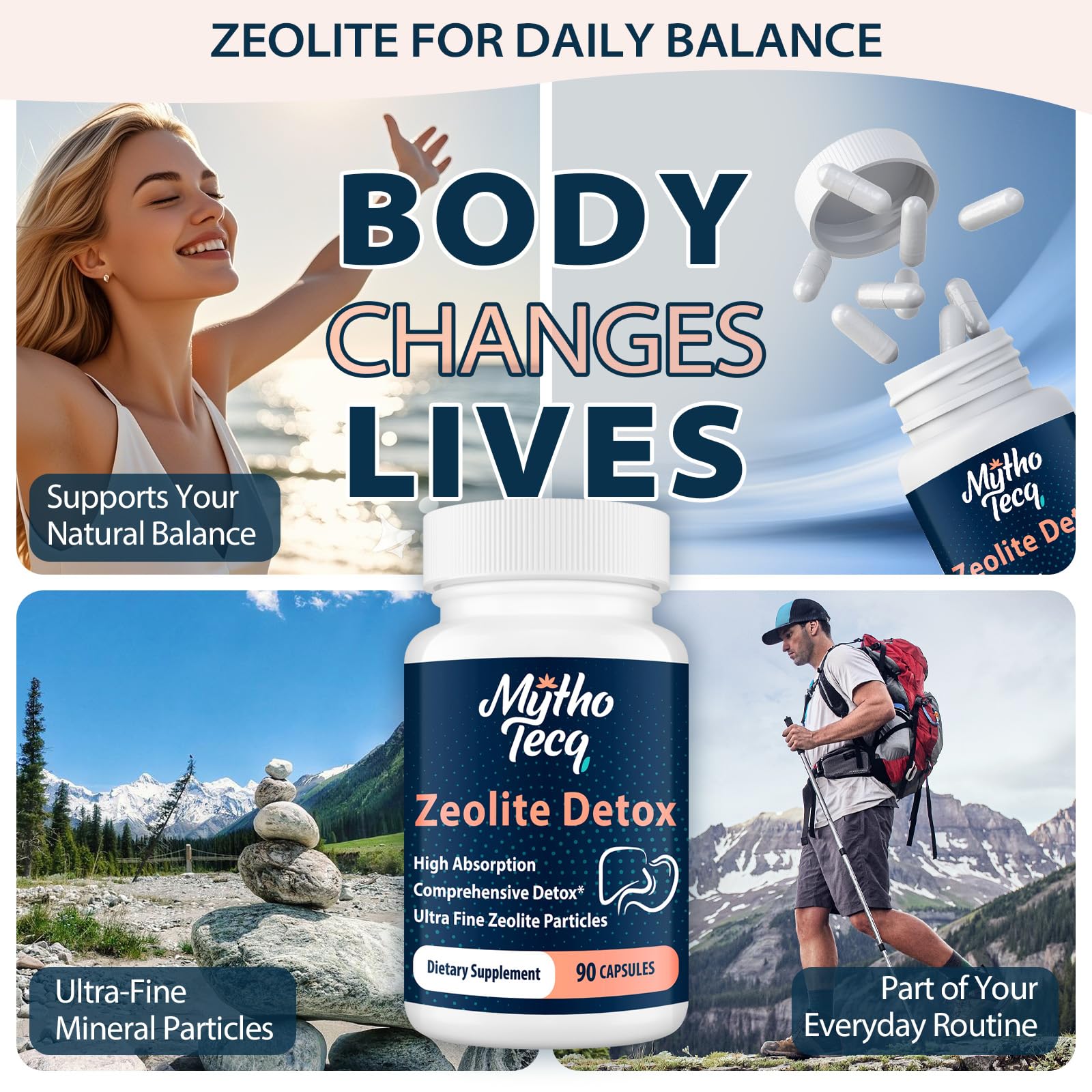 MythoTecq Zeolite Detox dosage card suggests easy 1-2 cap daily use.
