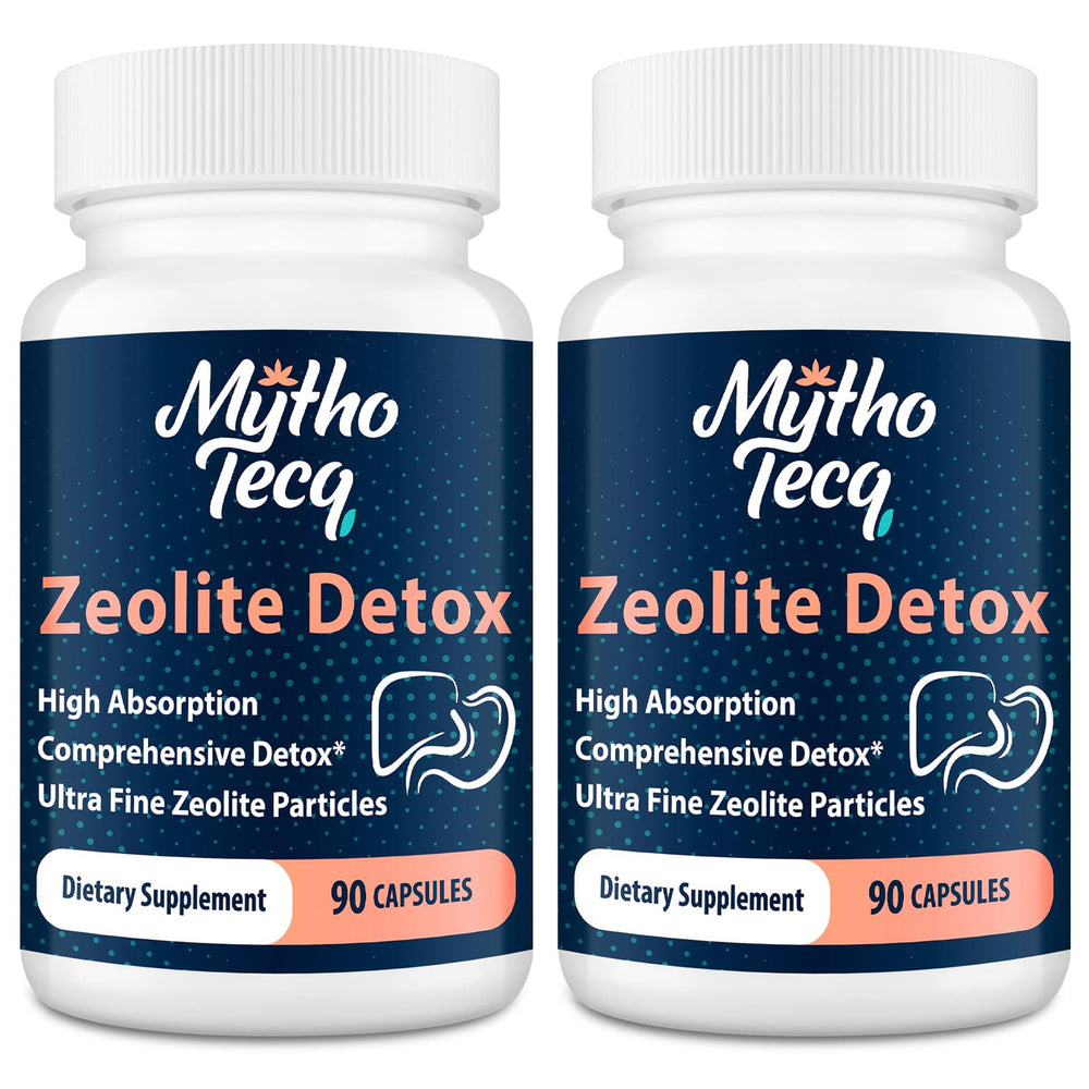 MythoTecq Zeolite Detox front view shows a sleek bottle for a daily full-body cleanse.