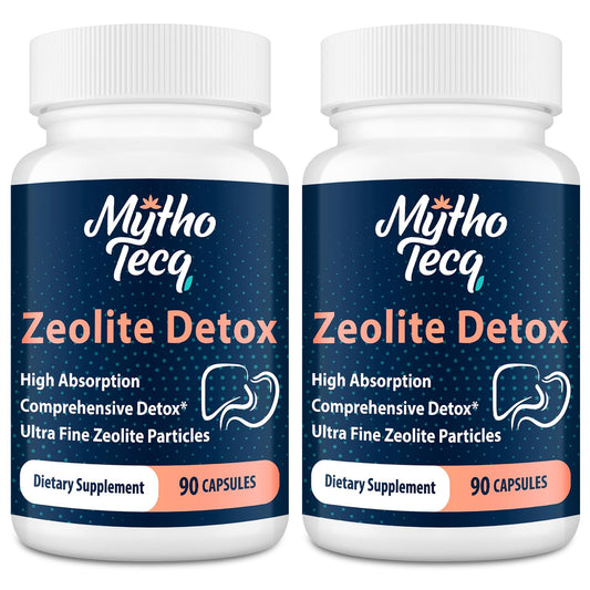 MythoTecq Zeolite Detox front view shows a sleek bottle for a daily full-body cleanse.
