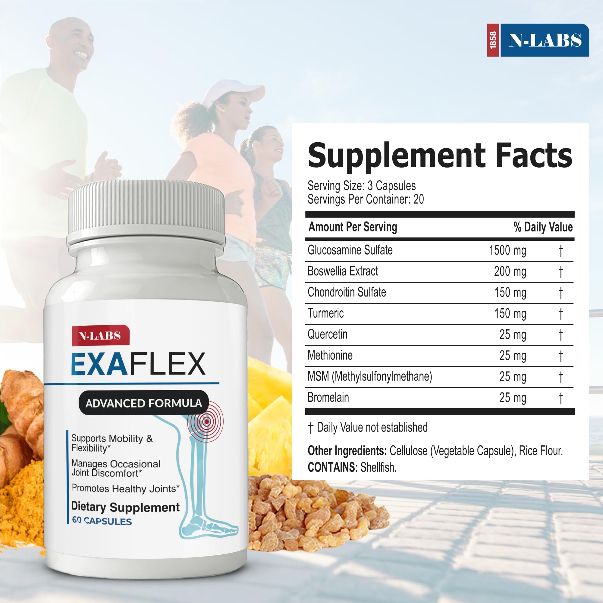 ExaFlex capsules close-up emphasizing convenient daily capsules for joint health.