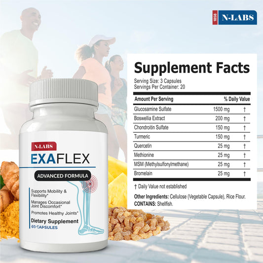 ExaFlex capsules close-up emphasizing convenient daily capsules for joint health.