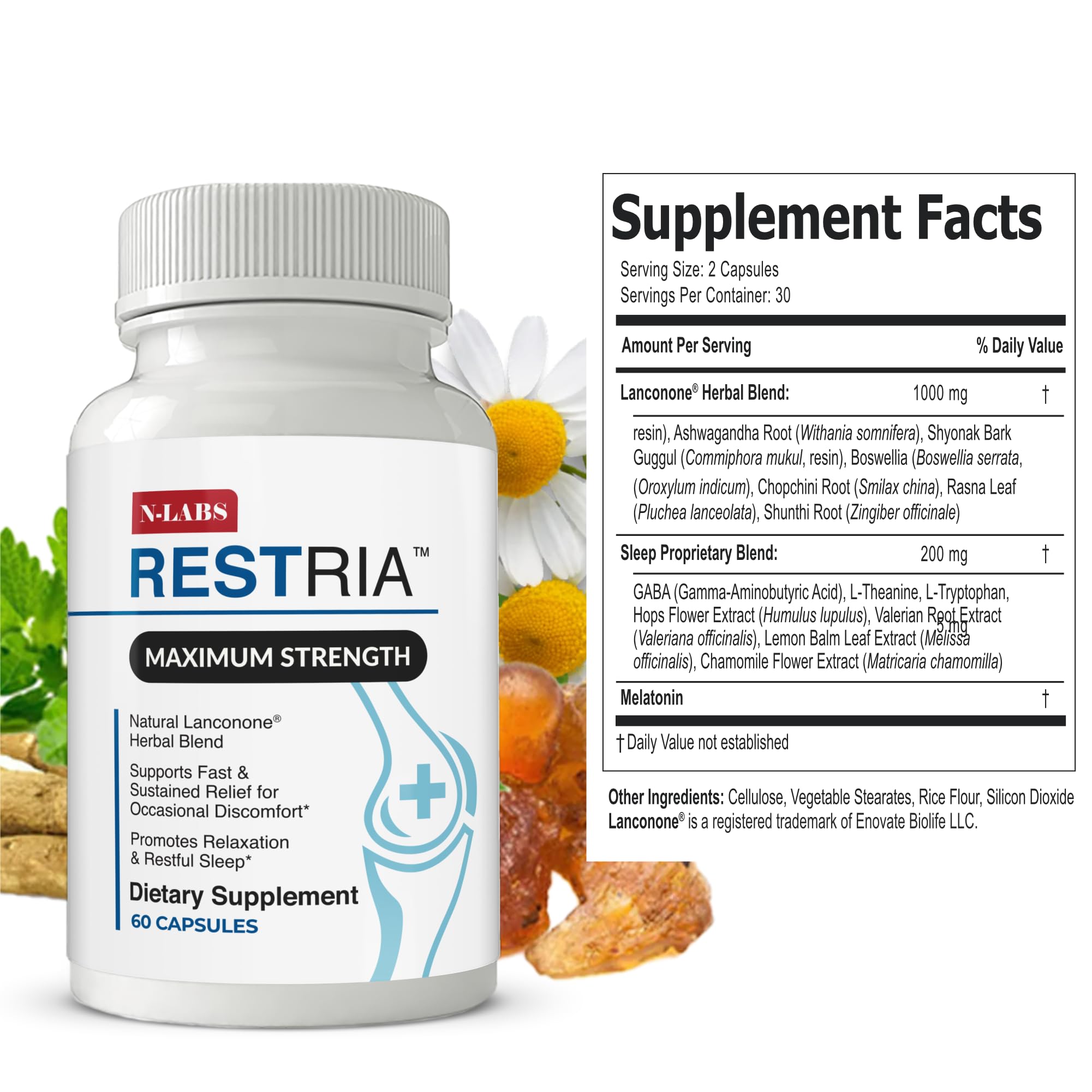N-Labs Restria capsules close-up highlighting nighttime joint comfort