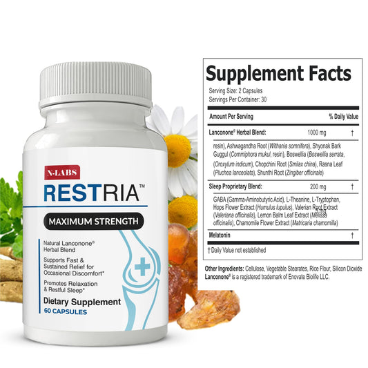 N-Labs Restria capsules close-up highlighting nighttime joint comfort