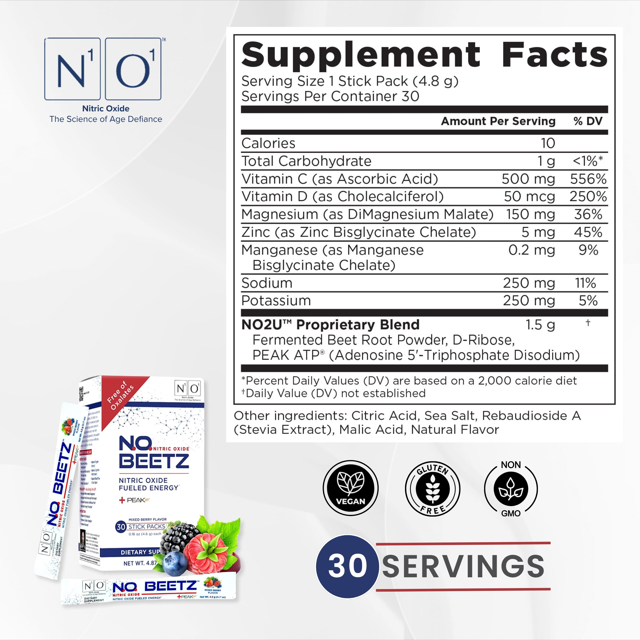Beetroot ingredient focus in N.O. Beetz packaging suggests natural performance factors.