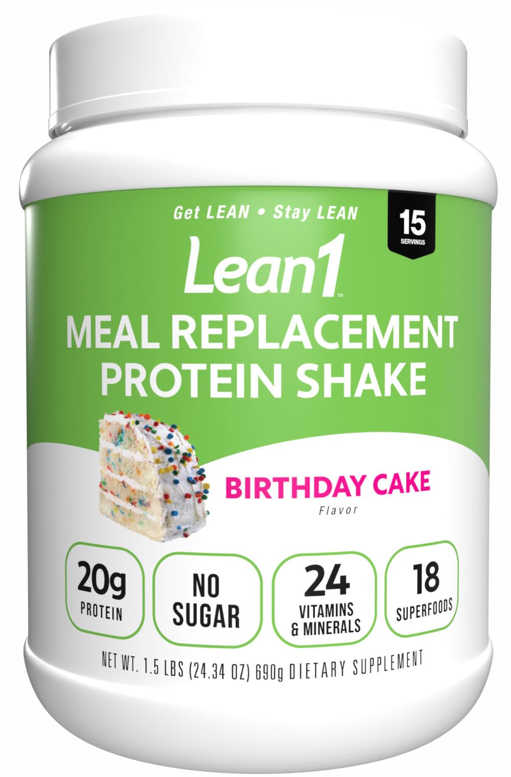 N53 Lean1 Birthday Cake tub shown for a creamy protein shake option