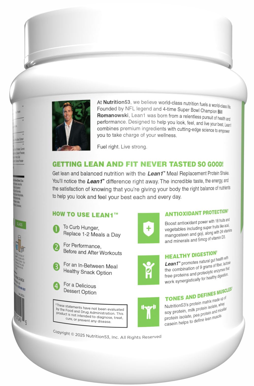 N53 Lean1 nutrition facts panel emphasizing vitamins and minerals