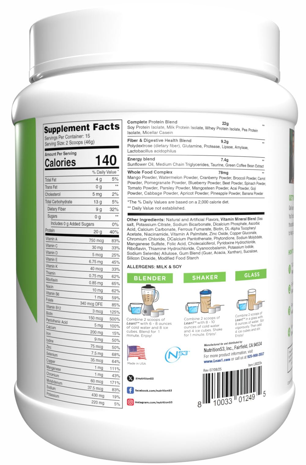 N53 Lean1 shaker bottle ready for easy mixing and smooth texture