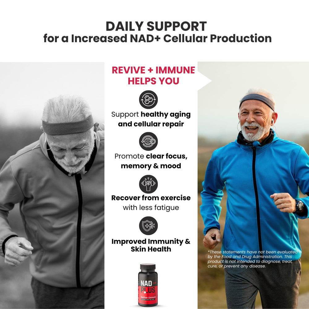 NAD PLUS Revive + Immune RiaGev-SR formula label emphasizing NAD+ production benefits.