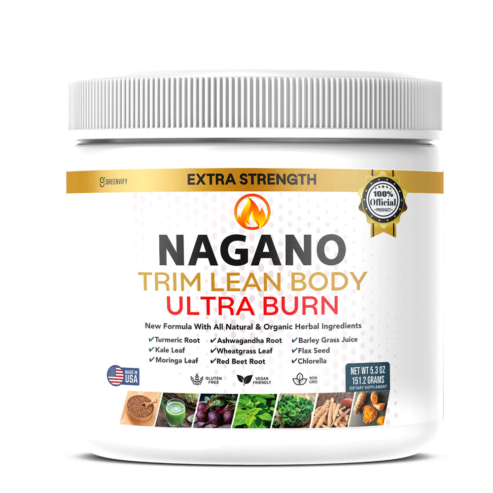Nagano Trim Lean Body Ultra Burn bottle front view, highlighting organic greens formula for daily energy.