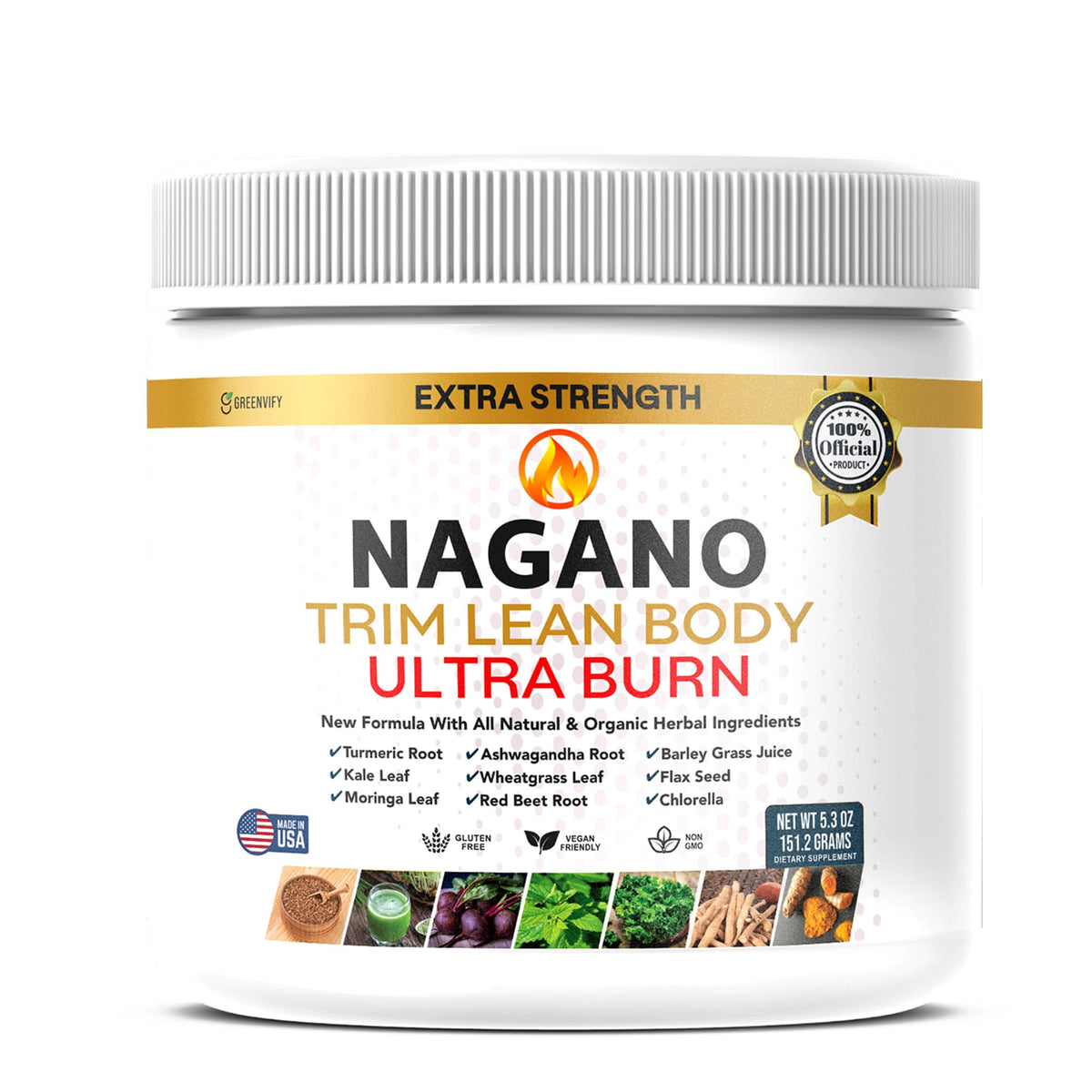 Nagano Trim Lean Body Ultra Burn bottle front view, highlighting organic greens formula for daily energy.