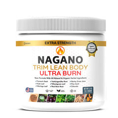 Nagano Trim Lean Body Ultra Burn bottle front view, highlighting organic greens formula for daily energy.