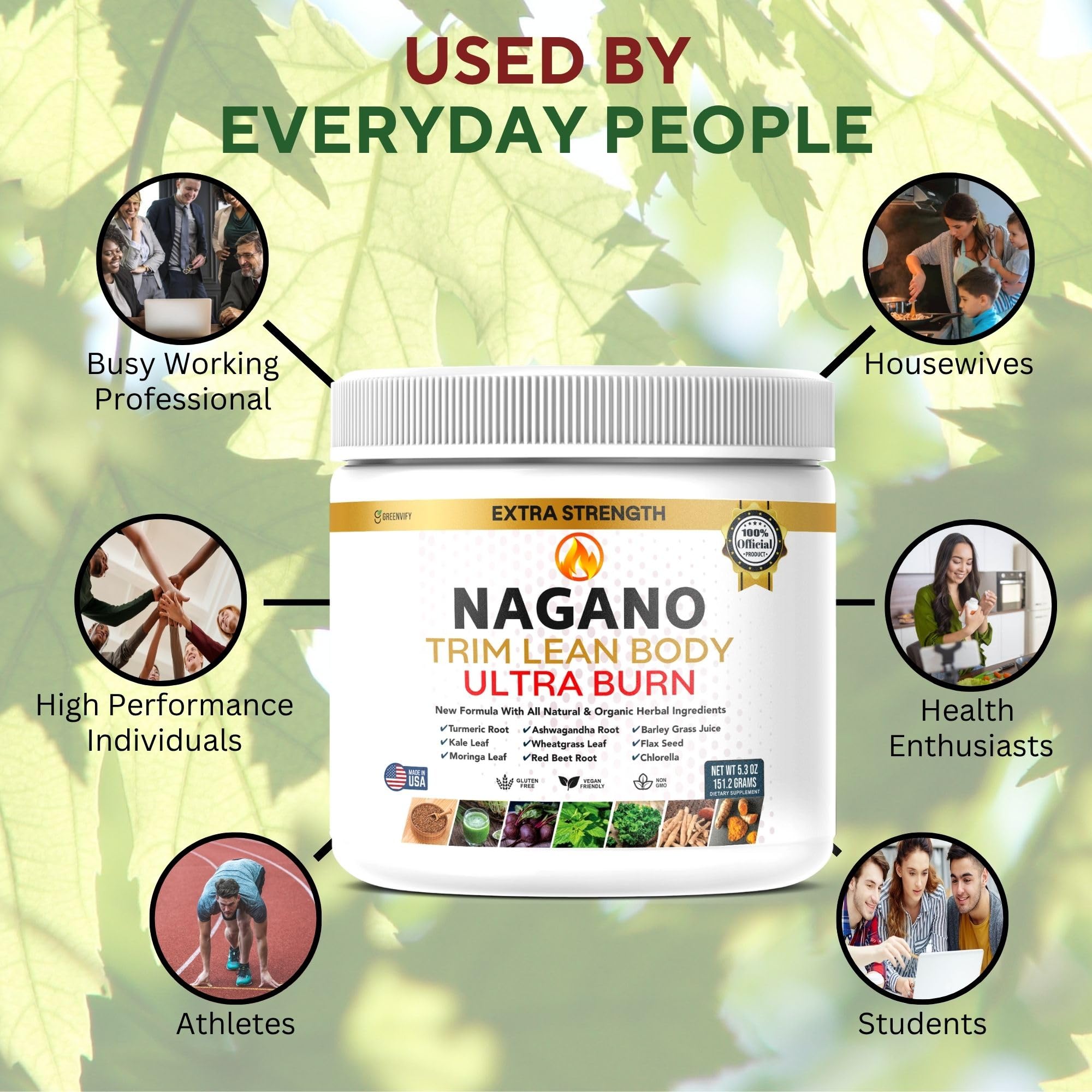 Close-up of Nagano Trim Lean Body Ultra Burn powder featuring turmeric root and greens ingredients.
