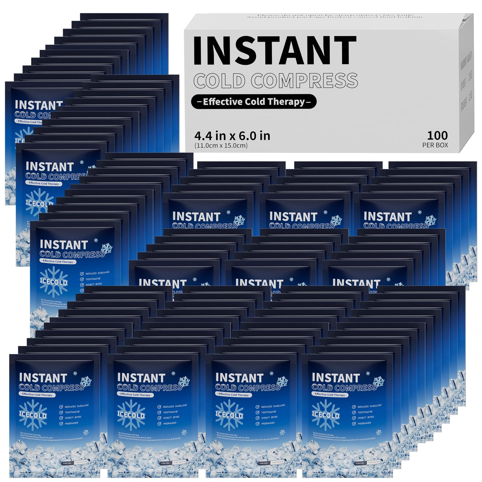 Najudok instant ice pack box with 100 packs, ready for first aid use.