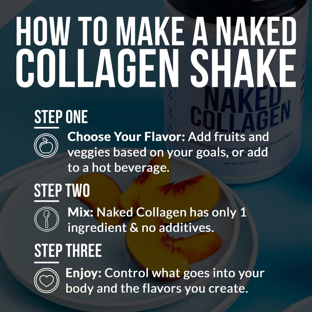 Close-up of the Naked label on the caramel collagen powder container highlighting clean ingredients.