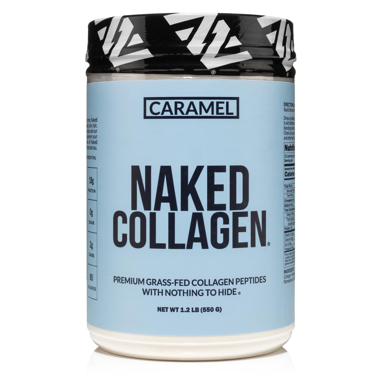 NAKED Caramel Collagen Powder tub shown as a versatile base for shakes and beverages.