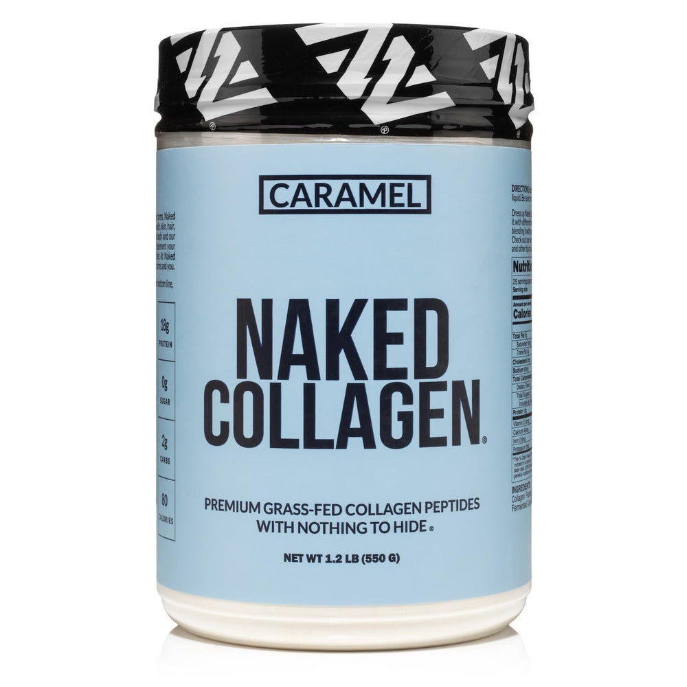 NAKED Caramel Collagen Powder tub shown as a versatile base for shakes and beverages.